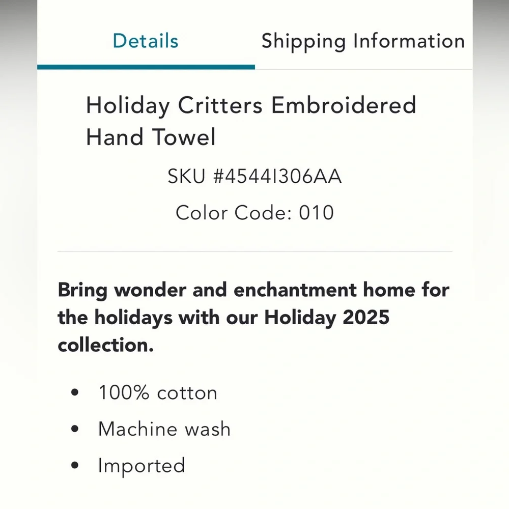 New! Anthropologie Holiday Critters Embroidered Hand Towel in white.