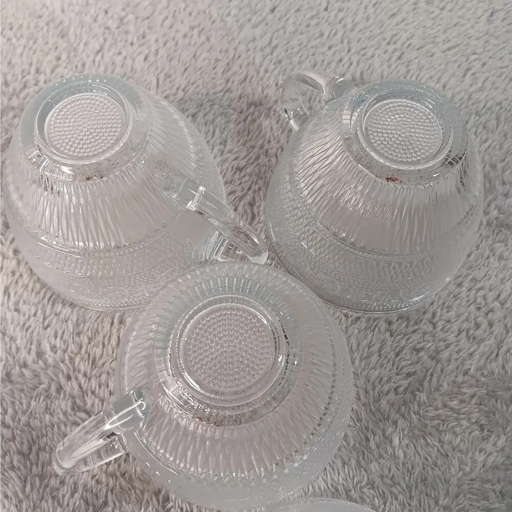 7 Vintage Sandwich Glass Fleur De Lis Punch Cups Glasses Clear