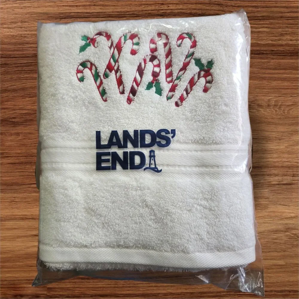 Lands End Holiday Candy Cane Embroidered Cotton Hand Towel 19