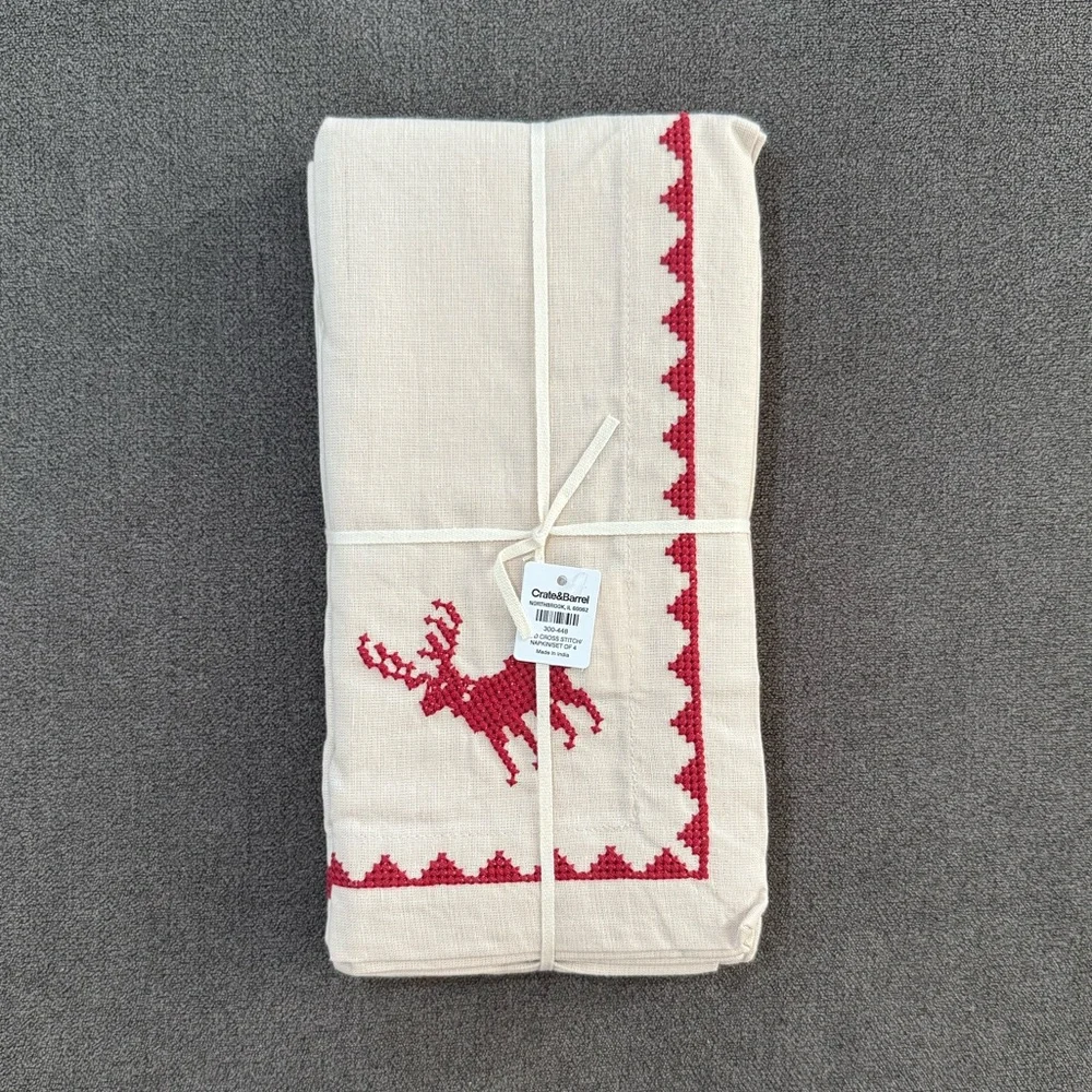 Crate & Barrel Red Cross Stitch Holiday Reindeer Dinner Napkins, Set of 4