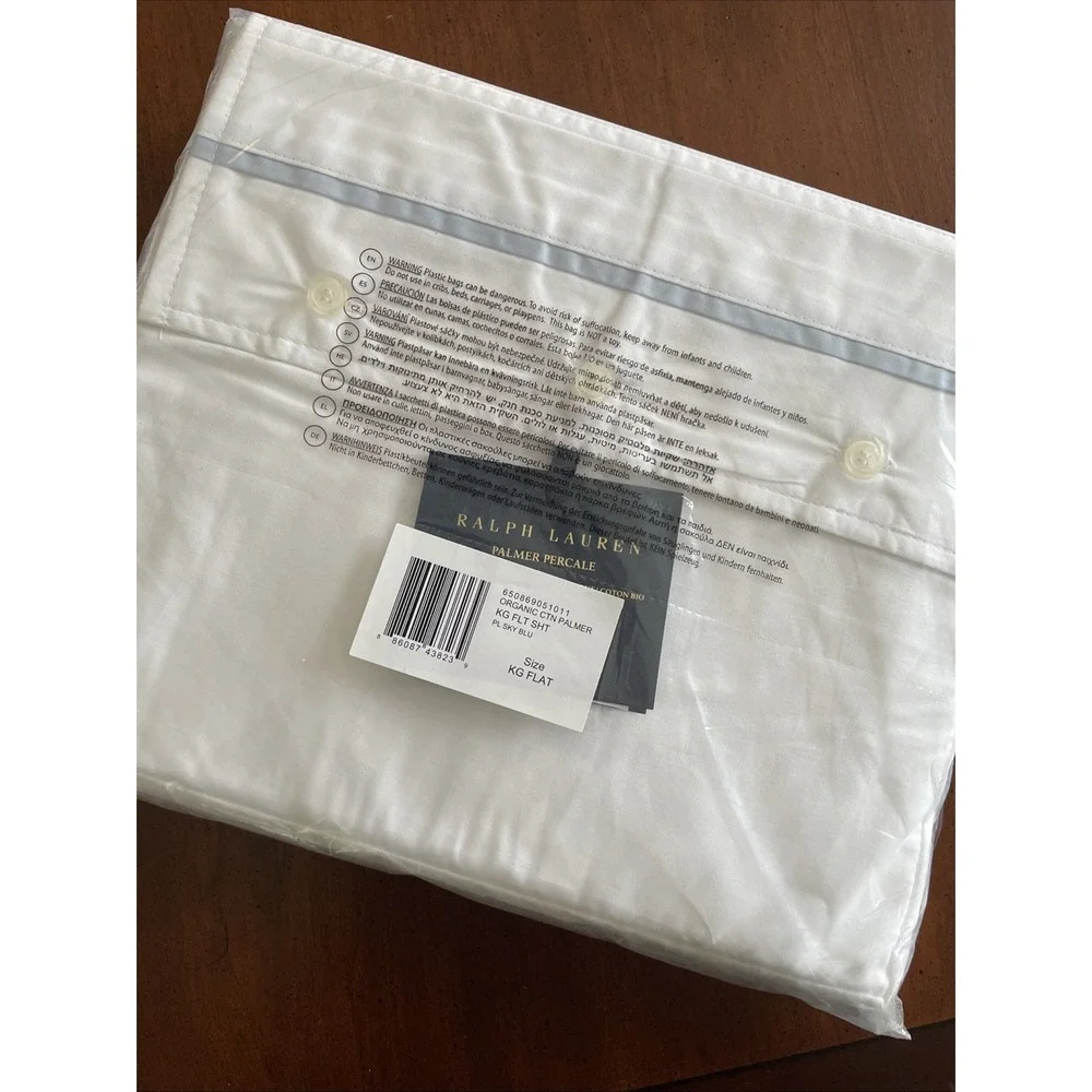 NEW Ralph Lauren Palmer Percale Cotton King flat sheet Sky Blue‎ White $200