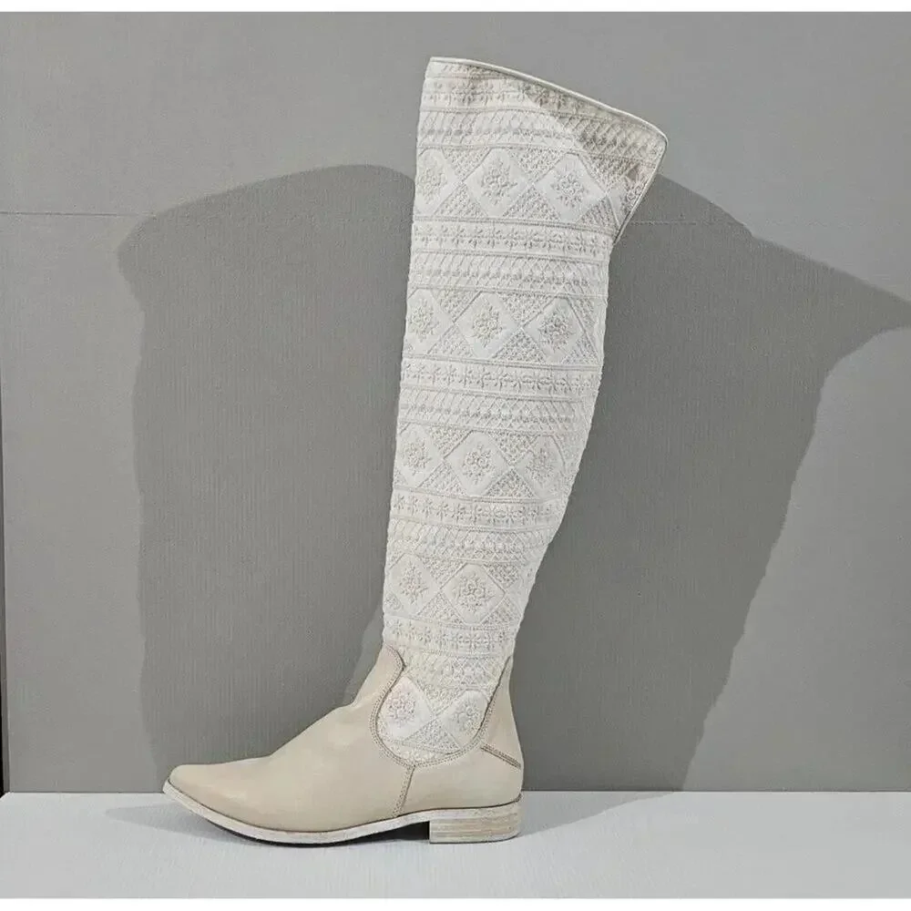 Free People Bren Knee High Boot Women EU 38.5 Cream Embroidered Boho Slouchy NEW