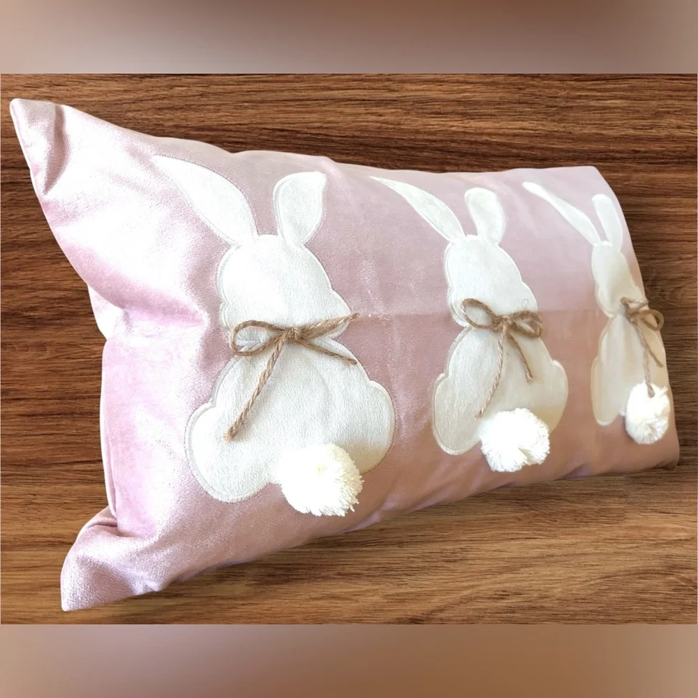 Pink 12x20 Spring Easter Bunnies Bunny Applique 3D Accents Velvet Throw Pillow