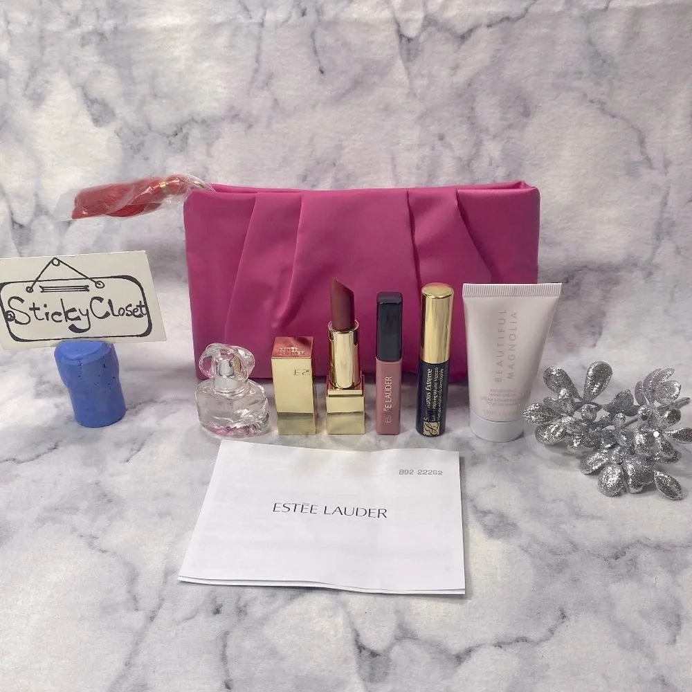 Estee Lauder Beauty Set-Pink Pouch,Lipstick,Lip Gloss,Mascara & Lotion-6pc-NEW