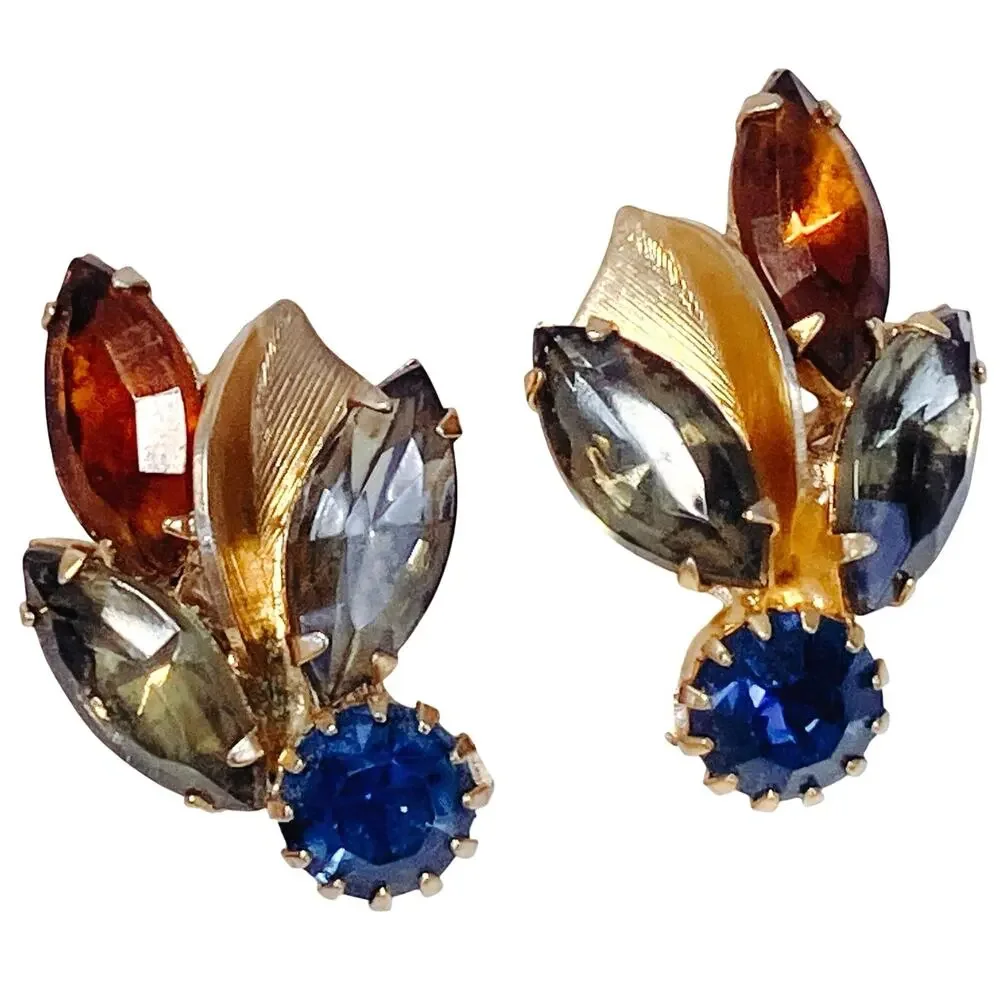Vintage Signed Weiss Mid Century Rhinestone Clip Earrings Blue Gray Leaf Spray