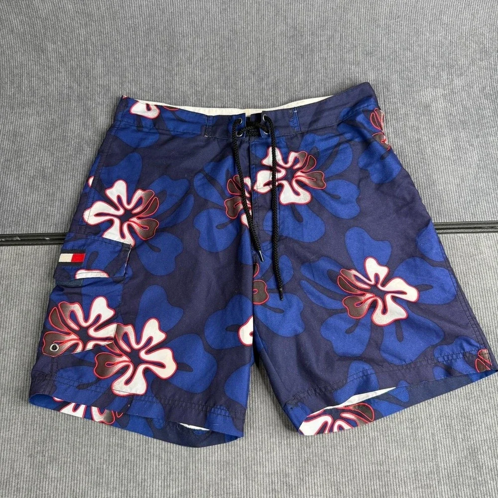 Tommy Hilfiger Mens Board Shorts Size S Small Blue Floral Hibiscus Swim Trunks