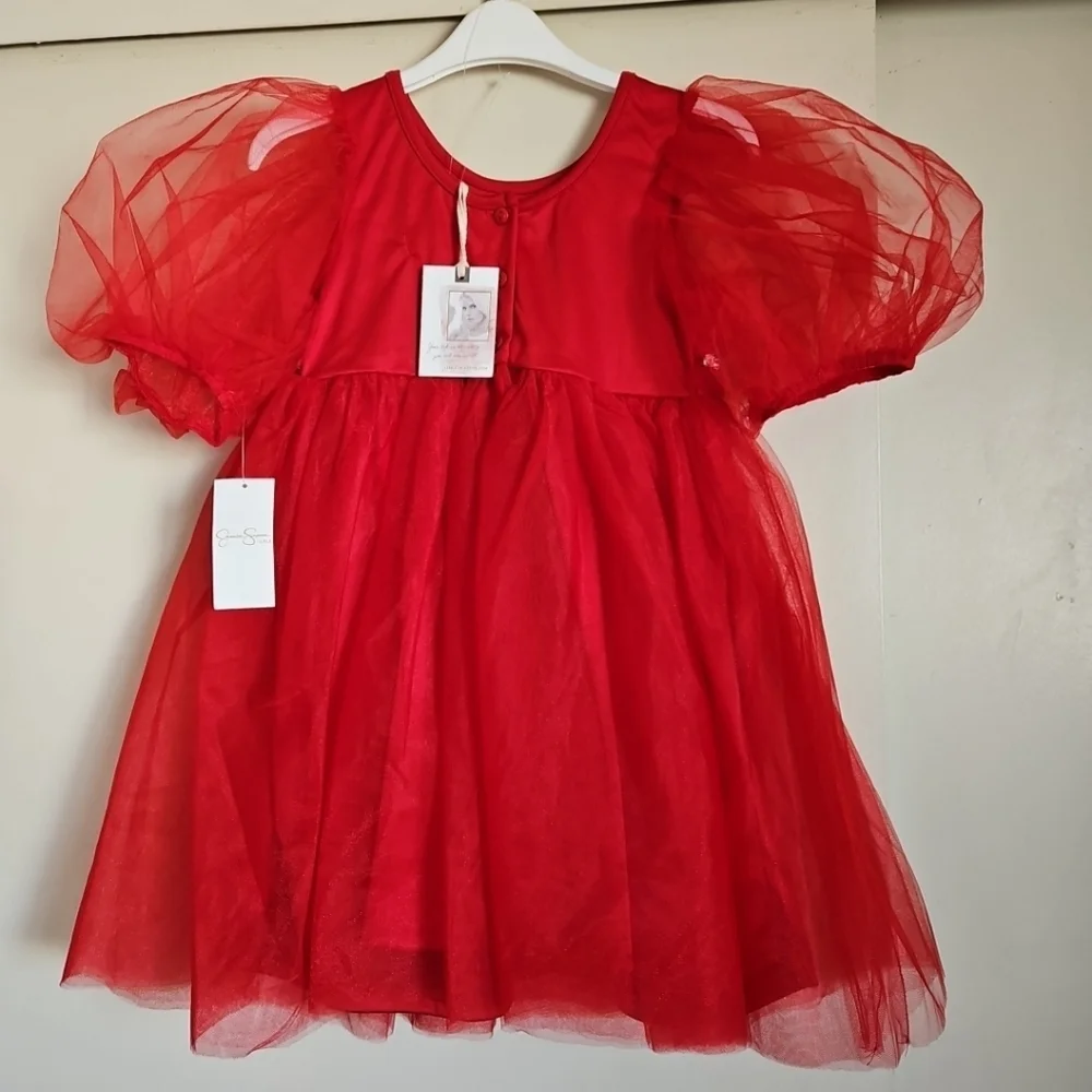 Jessica Simpson Flower Girl Red Tulle Dress Puff Sleeves Rhinestones Accent 6X