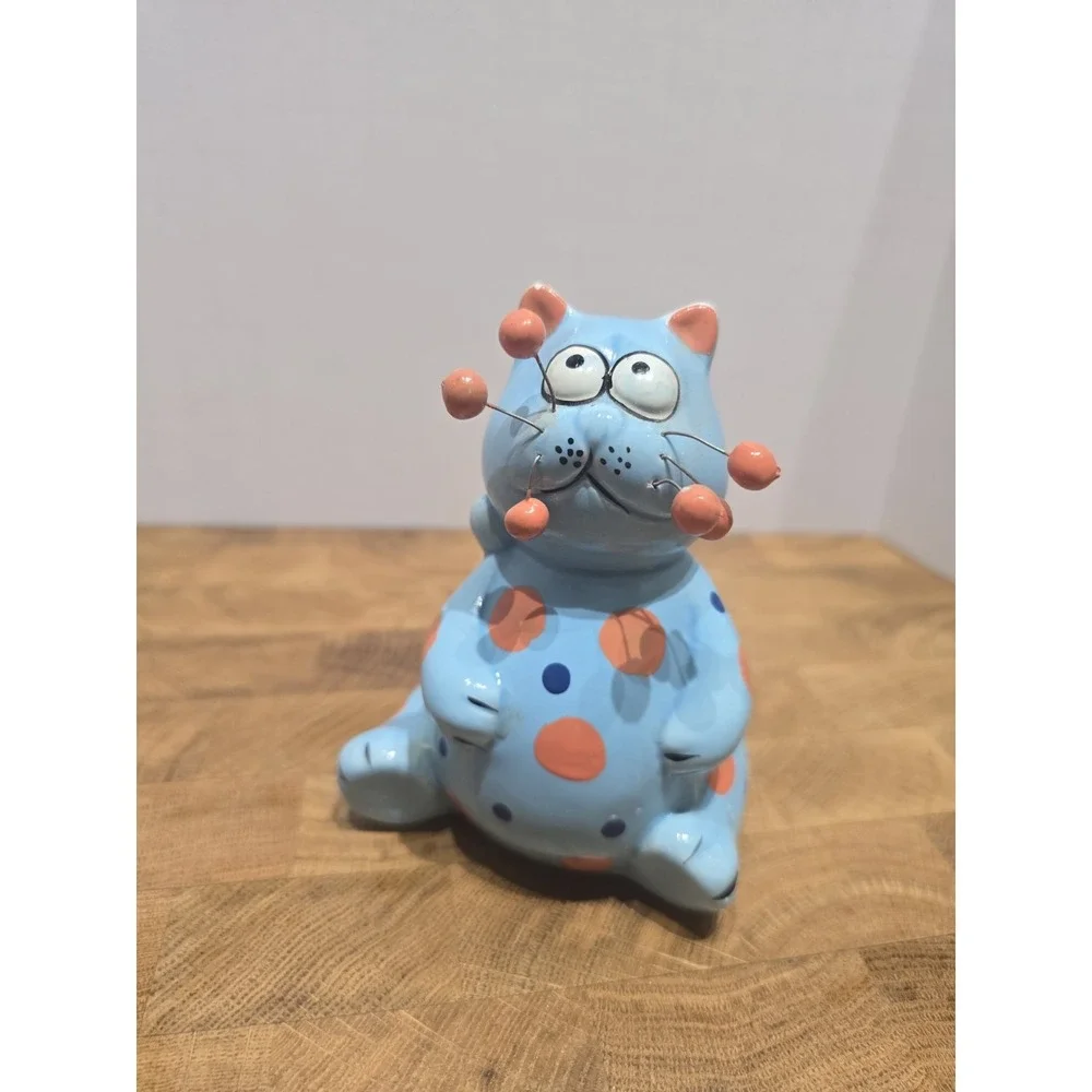 4.5 Inch Ceramic Whimsical Orange Dot Cat With Metal Pin Whiskers Figure