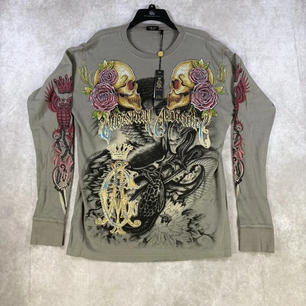 Christian Audigier Thermal Shirt Men Large Gray Snake Eagle Skulls Battle Y2K