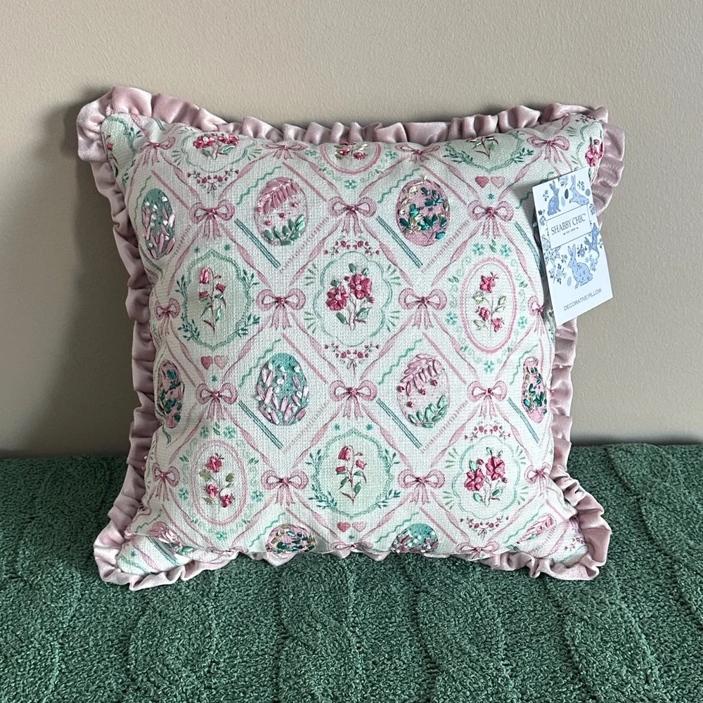 Shabby Chic Easter Egg 🥚 Pillow Pink Ribbon Bow Green Rose Ruffle Trim NEW!