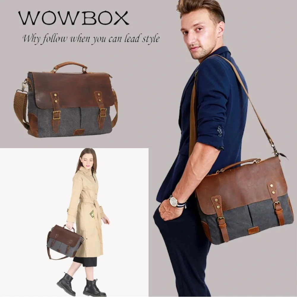 🆕WOWBOX 14” Canvas & Crazy Horse Leather Laptop Messenger Satchel Bag