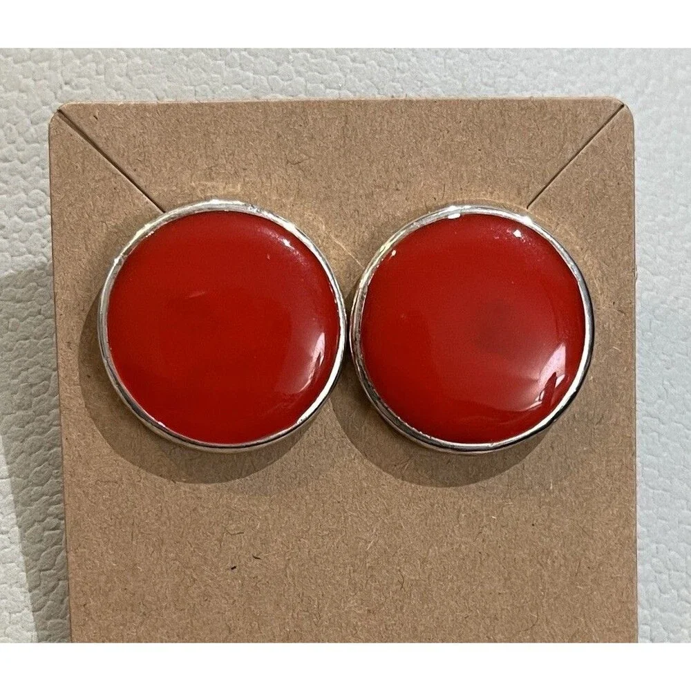 Vintage Red & Silver Tone Earrings Round 1 Inch Pierced 90s Retro Enamel