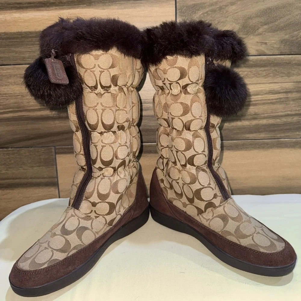 Coach Theona Y2K Signature Monogram Jacquard Rabbit Fur Brown Women’s Boots 8.5