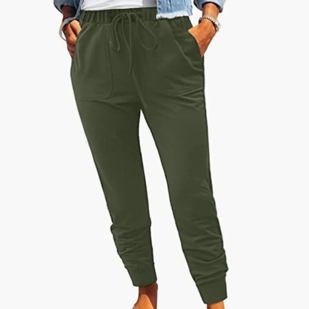 ROSKIKI Drawstring Elastic Waist Sports Lounge Pants with Pockets Green Size L