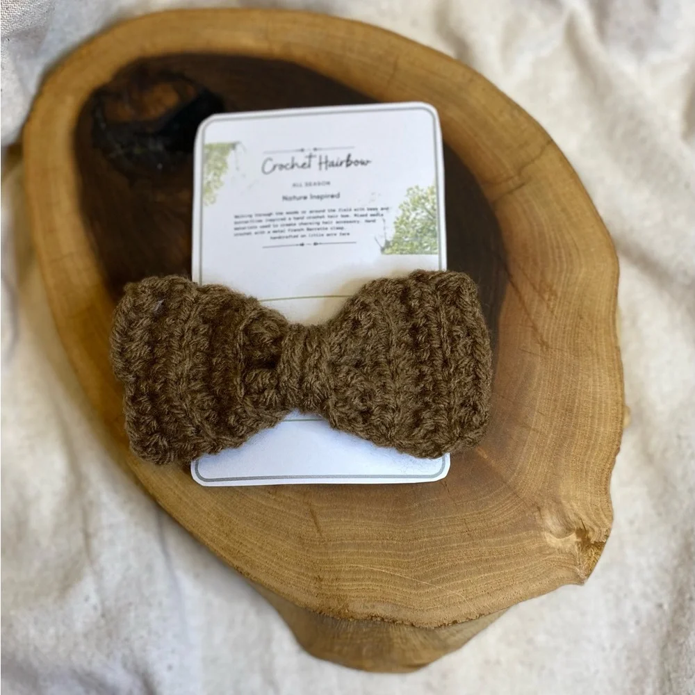 Crochet neutral brown color bohemian hair bow with clasp handmade