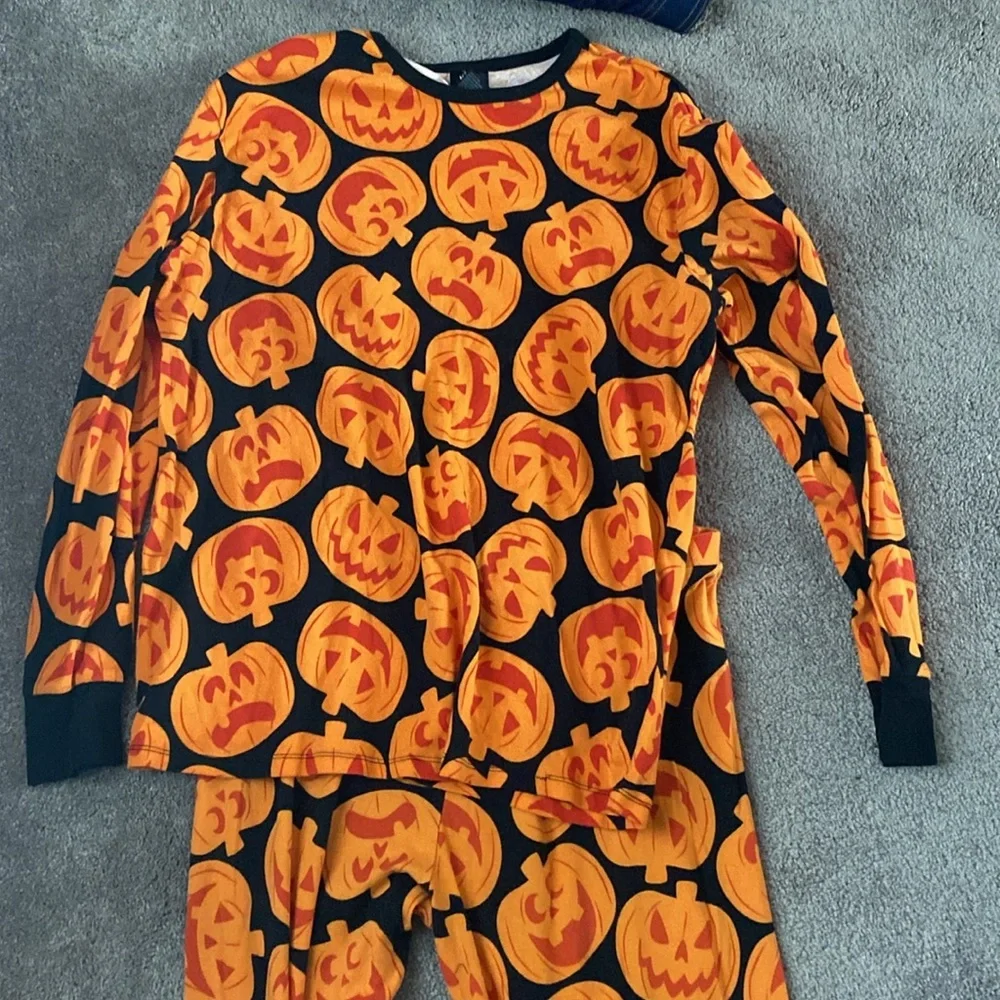 Hyde & Eek Pumpkin Pajama Set Orange Black Halloween Lounge Cozy Cotton
