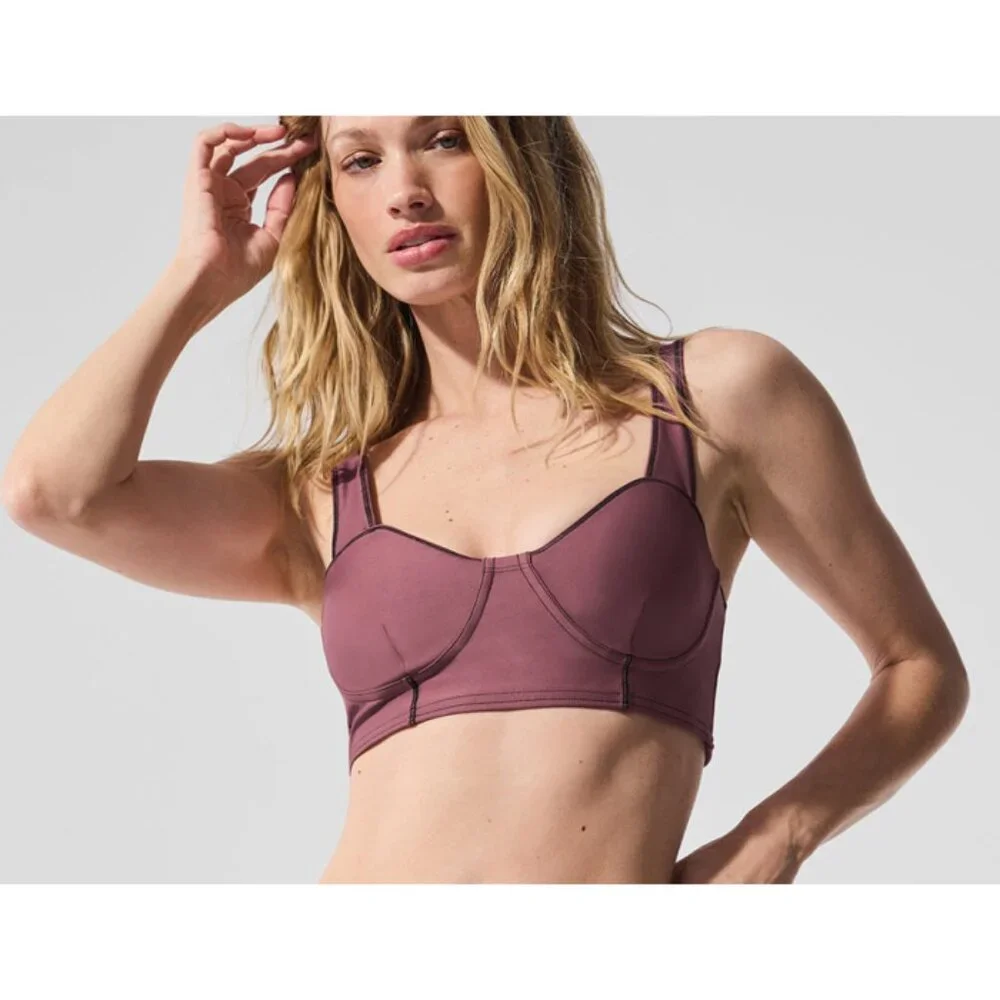 Alo Airlift Redefine Bra Burgundy Truffle Black Padded Sports Bralette Crop Top