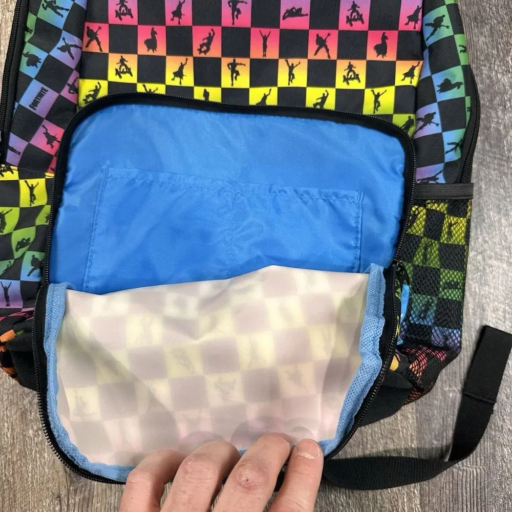Fortnite Amplify Rainbow‎ Checker Print Children's School Backpack Pockets