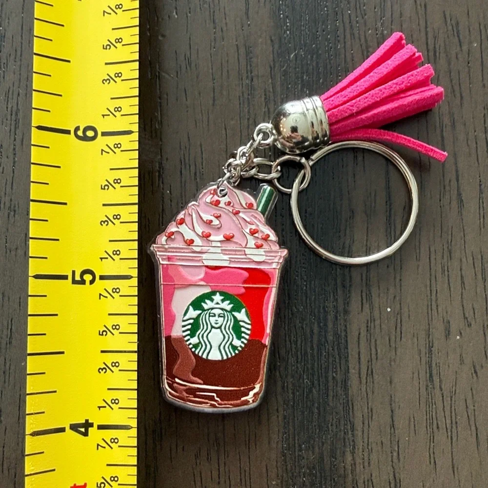 Starbucks inspired Chocolate Red and White Frappuccino Keychain with Pink tassle