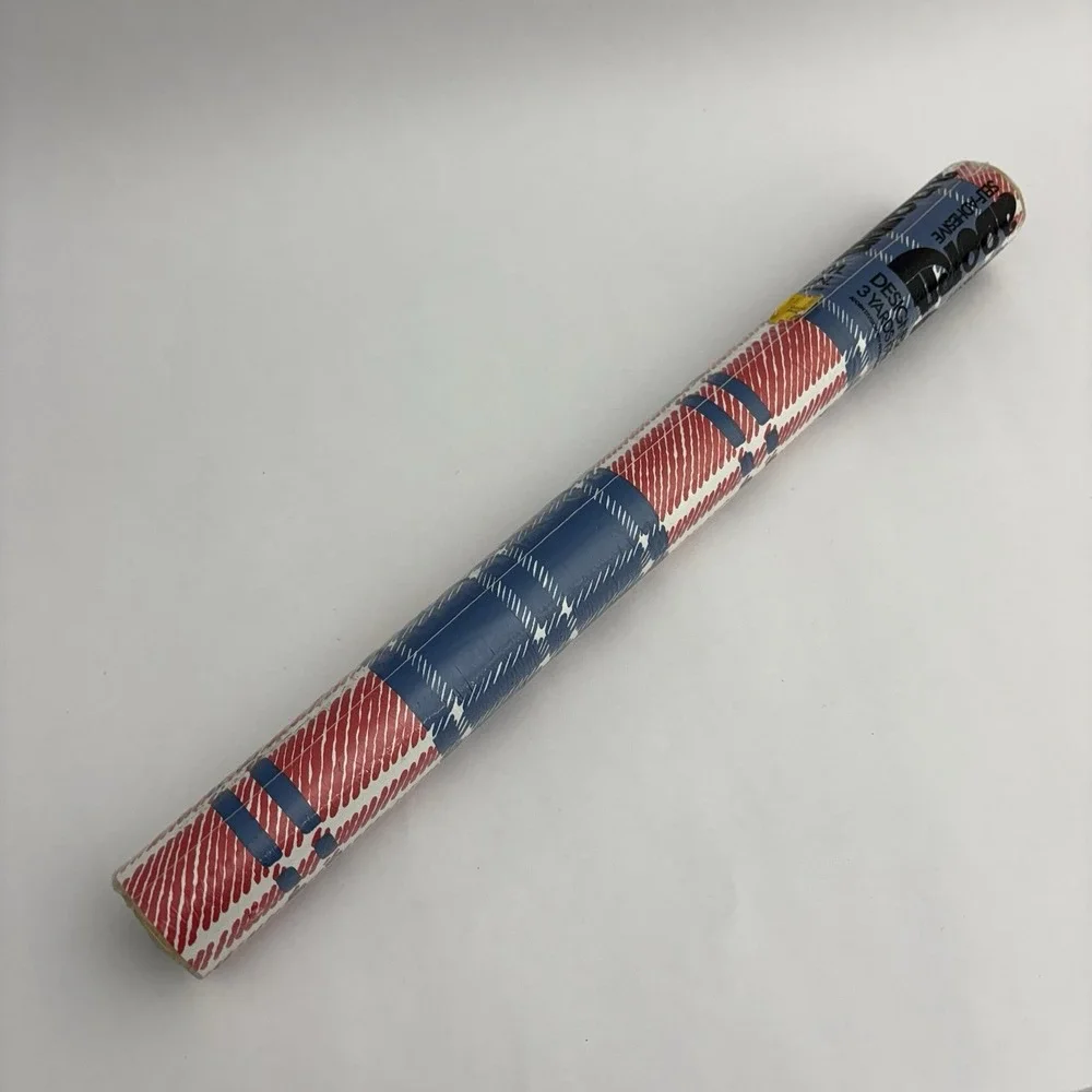 Vintage ADORN Self Adhesive Vinyl Roll Shelf Liner Blue Red Plaid Stamp