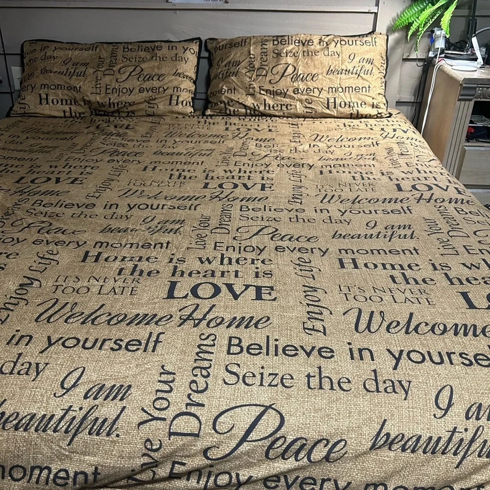 Brown Text Print King Bedding Set