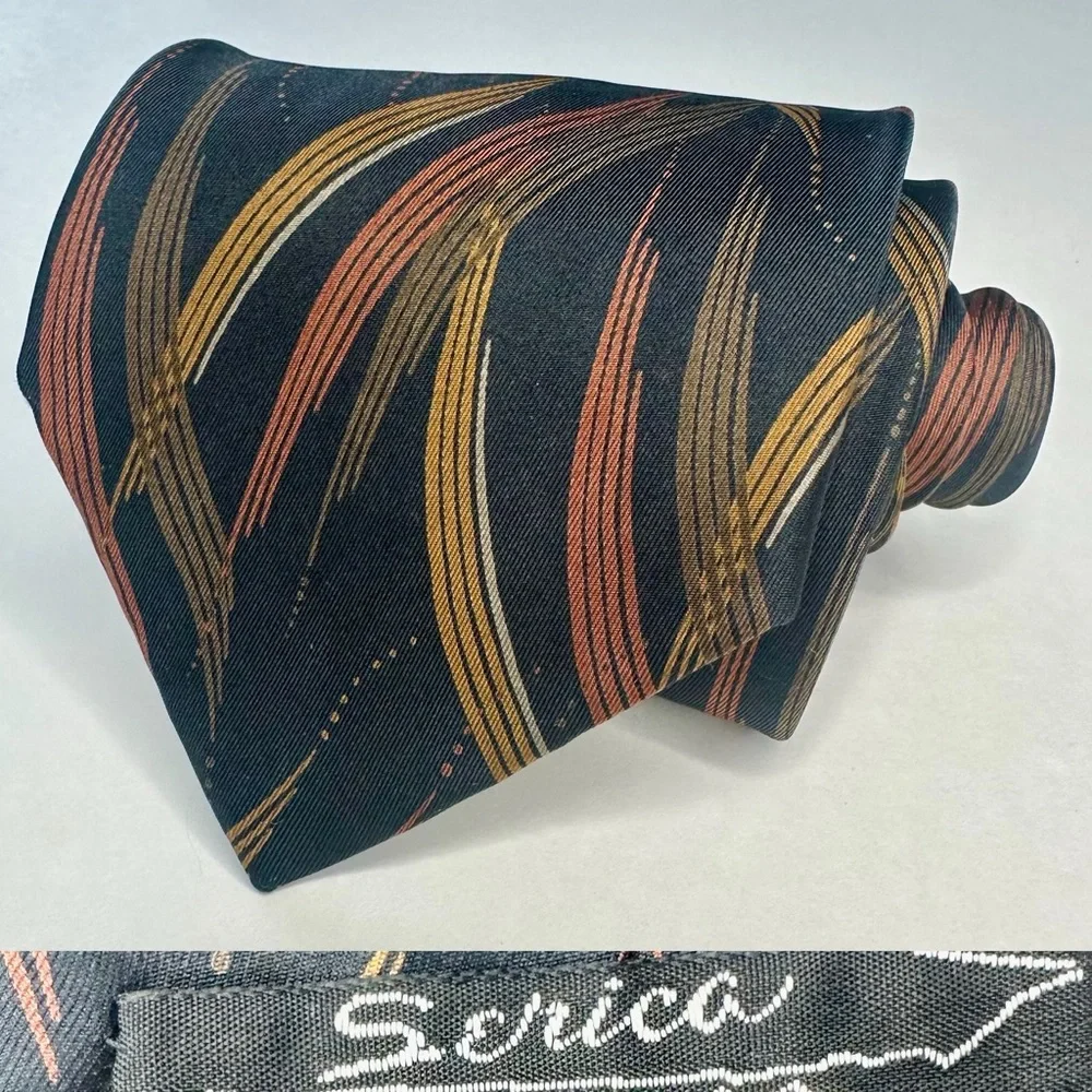 Vintage SERICA Black & Earth Toned Organic Pattern Classic Italian Silk Tie,