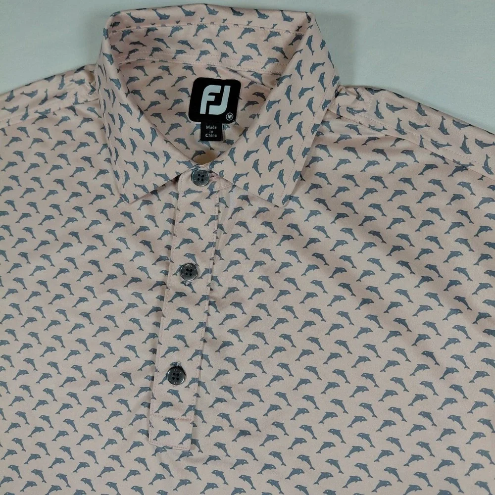 Footjoy FJ Mens Golf Polo Shirt M Pink Dolphin Print Short Sleeve Collared