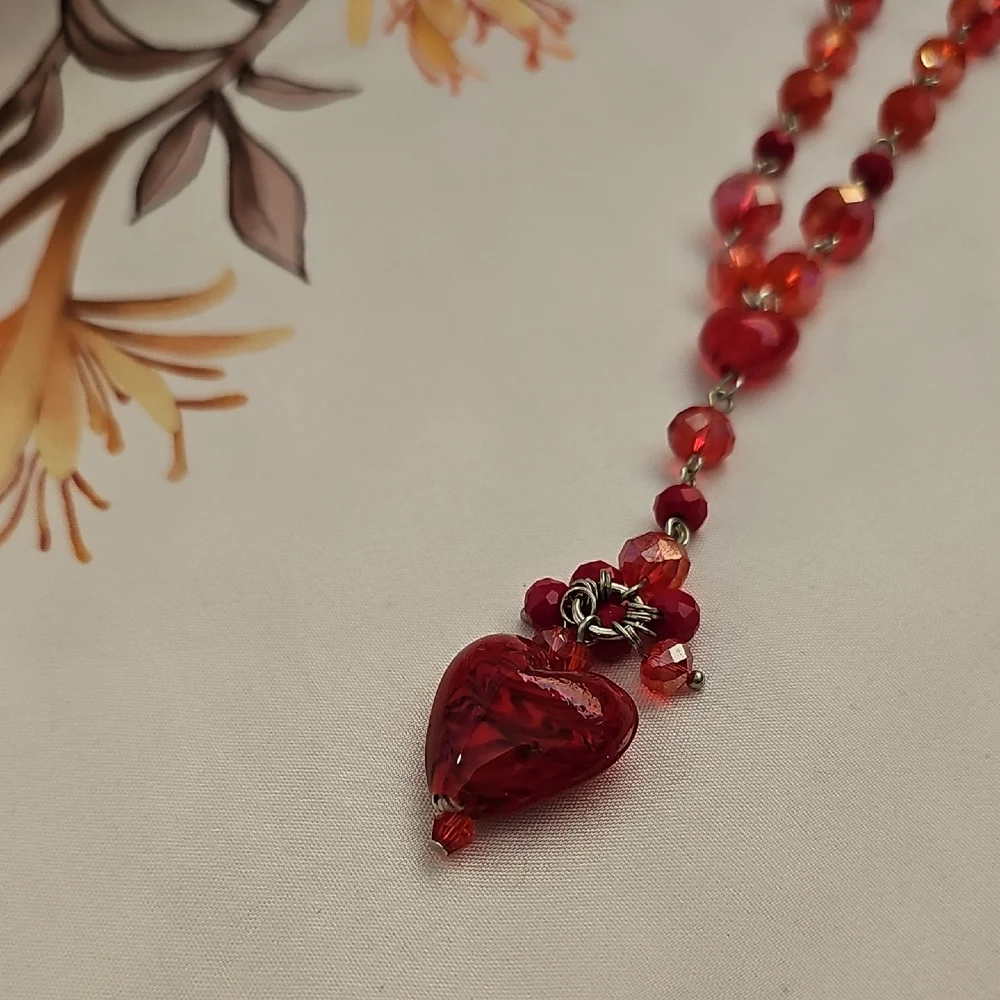 Pier 1 Red Glass Beaded Heart Necklace