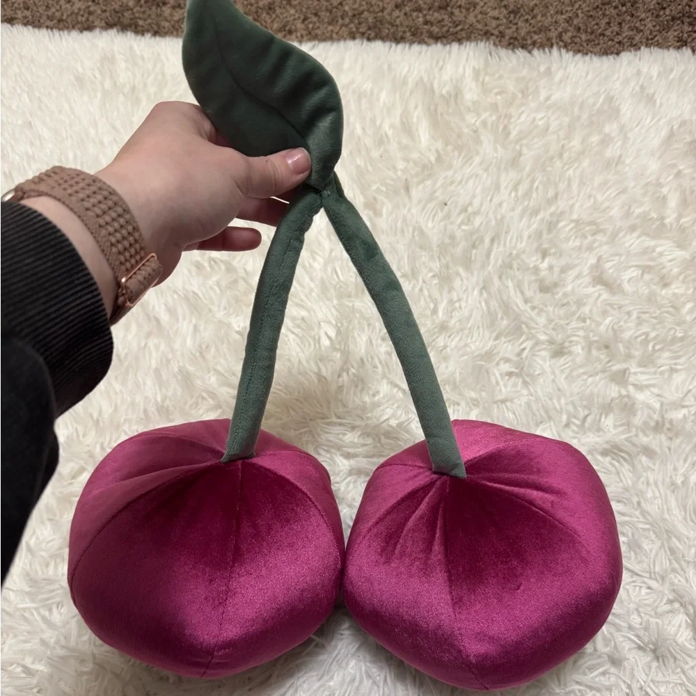 Plush Cherry Decor with Green Stems Cherry Pillow Fruit Accent Pillow Fun Pillow