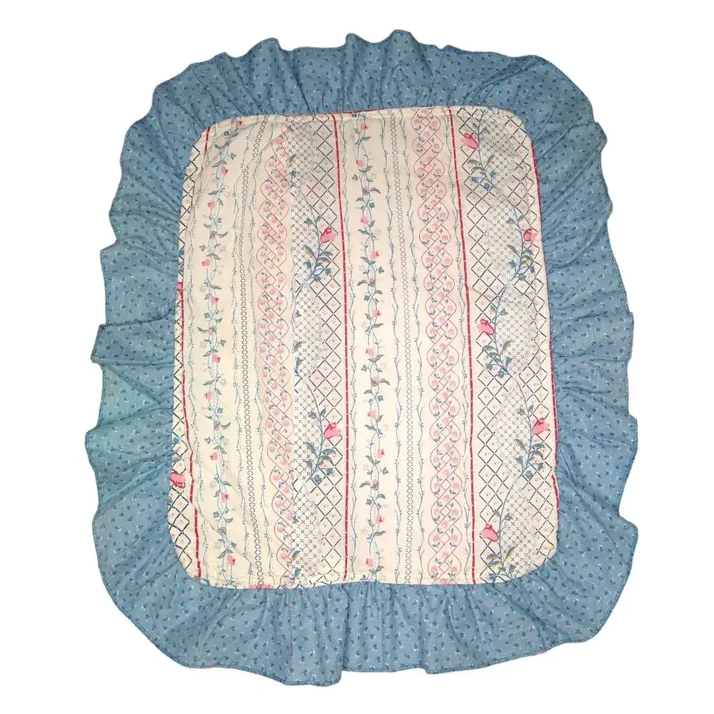 80's Vintage Quilted Floral Standard Pillow Sham Ruffles lace CottageCore