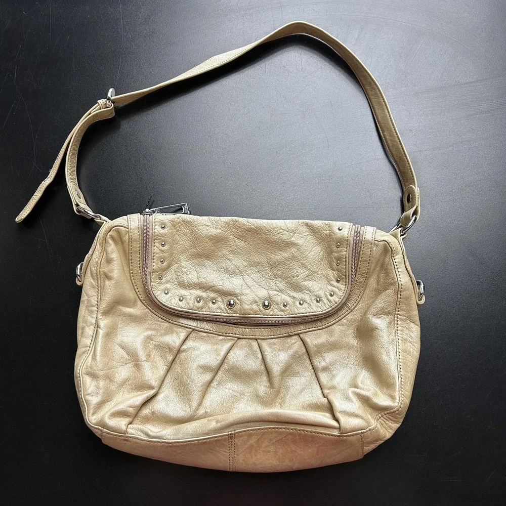 Stone Mountain Hobo Bag Womens Medium Gold Leather Studded Zip Shoulder Purse