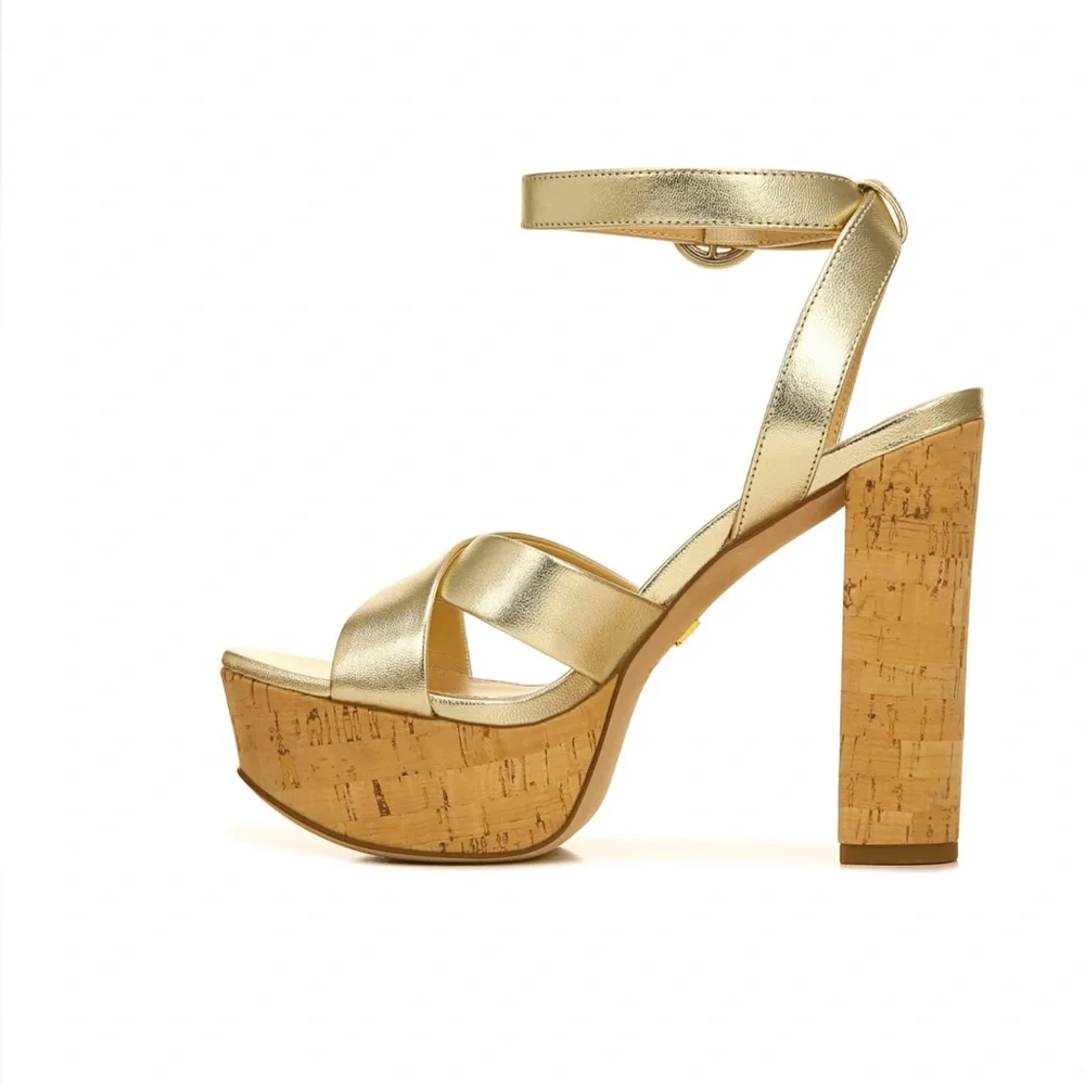 Veronica Beard Gold Lalana Leather Ankle Strap Cork Platform Heel Sandal 6.5 NIB