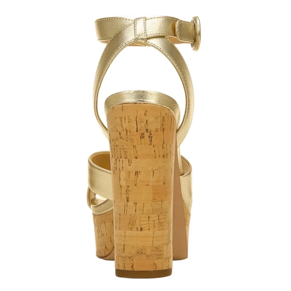 Veronica Beard Gold Lalana Leather Ankle Strap Cork Platform Heel Sandal 6.5 NIB