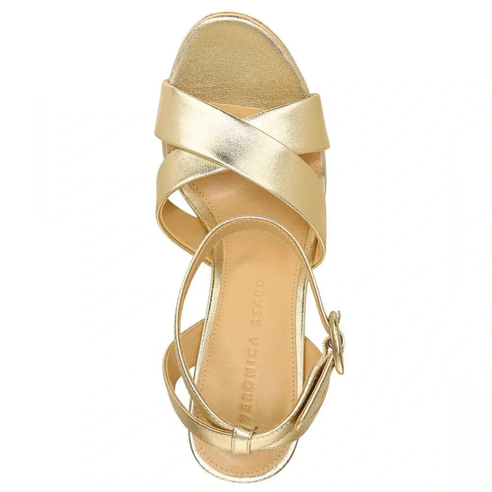 Veronica Beard Gold Lalana Leather Ankle Strap Cork Platform Heel Sandal 6.5 NIB