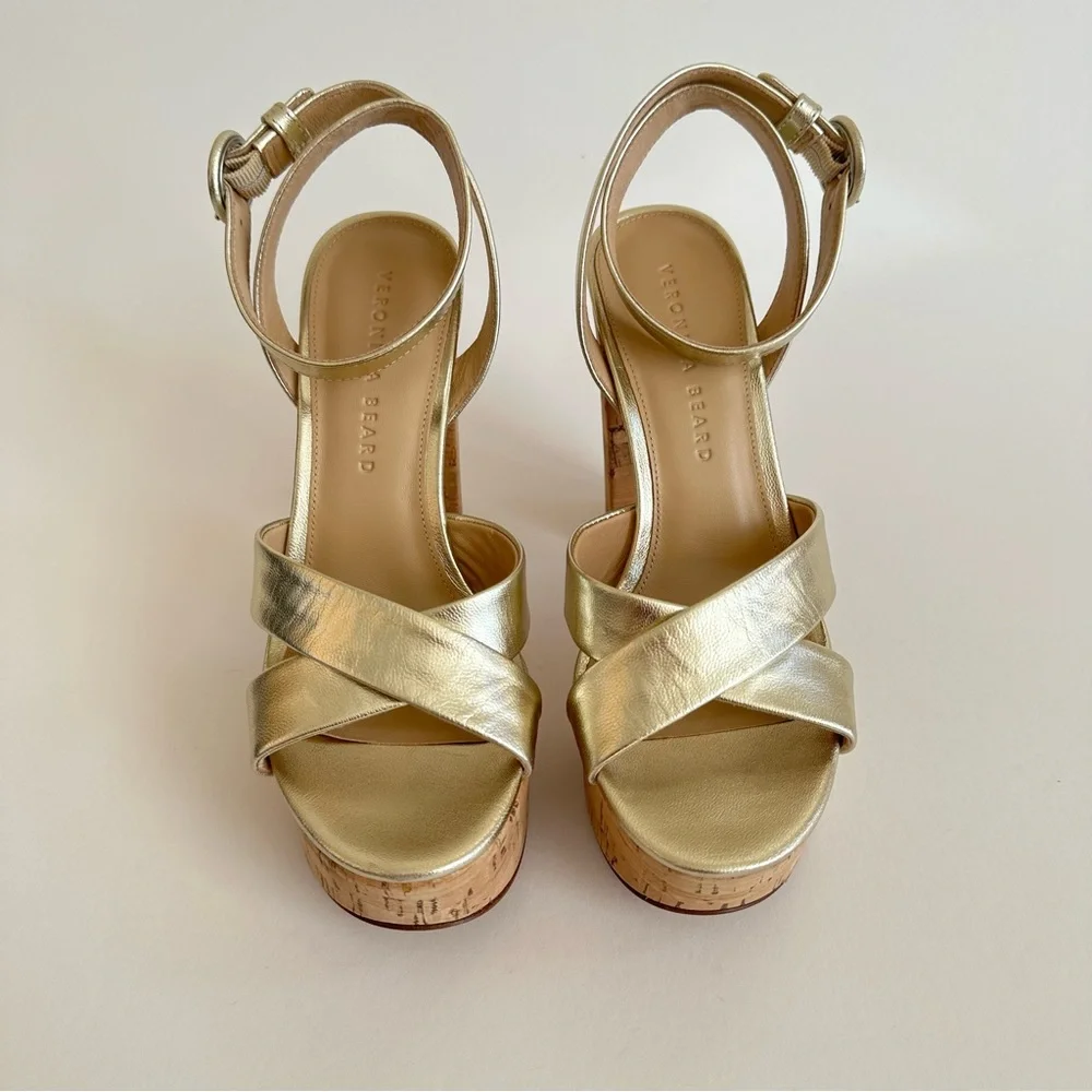 Veronica Beard Gold Lalana Leather Ankle Strap Cork Platform Heel Sandal 6.5 NIB