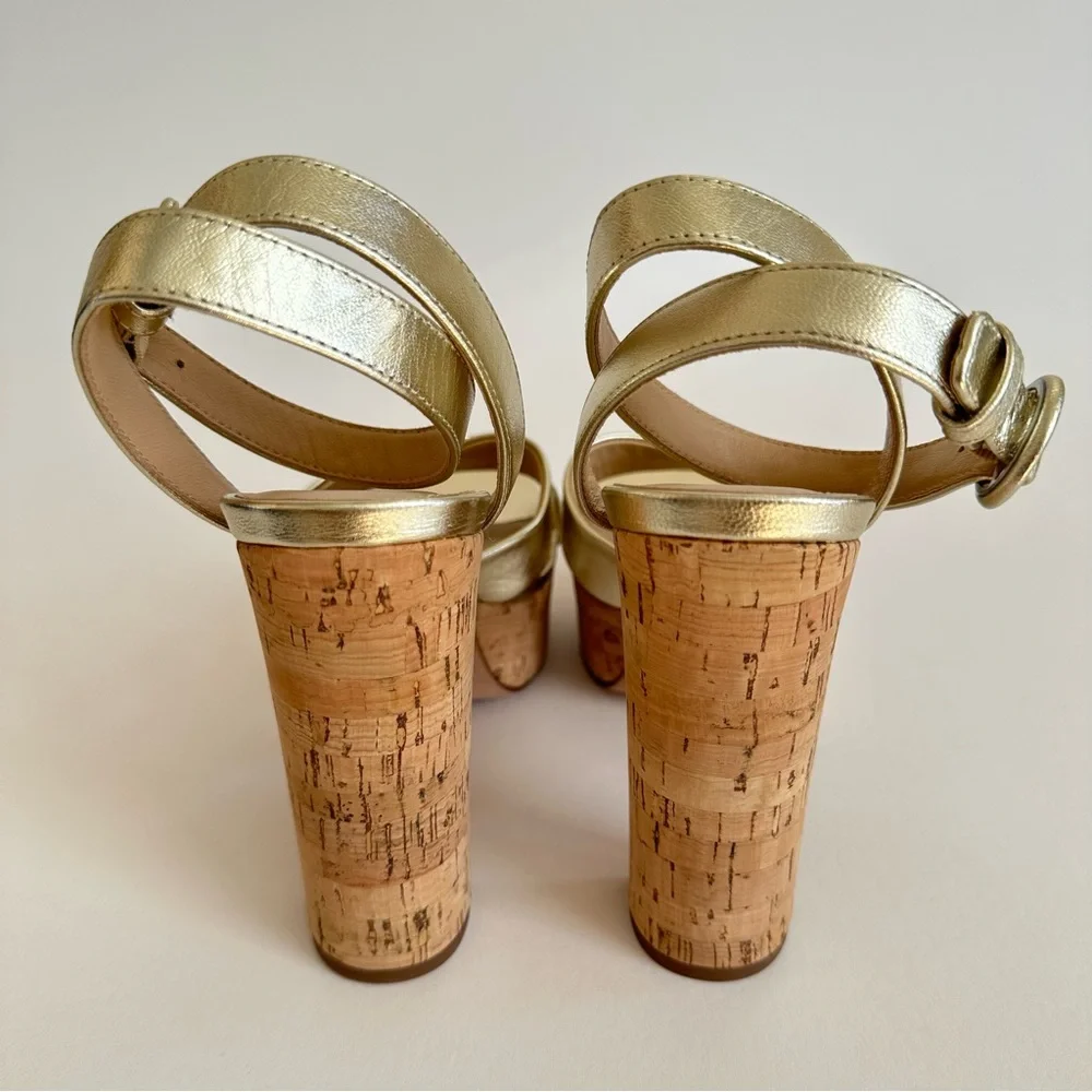 Veronica Beard Gold Lalana Leather Ankle Strap Cork Platform Heel Sandal 6.5 NIB