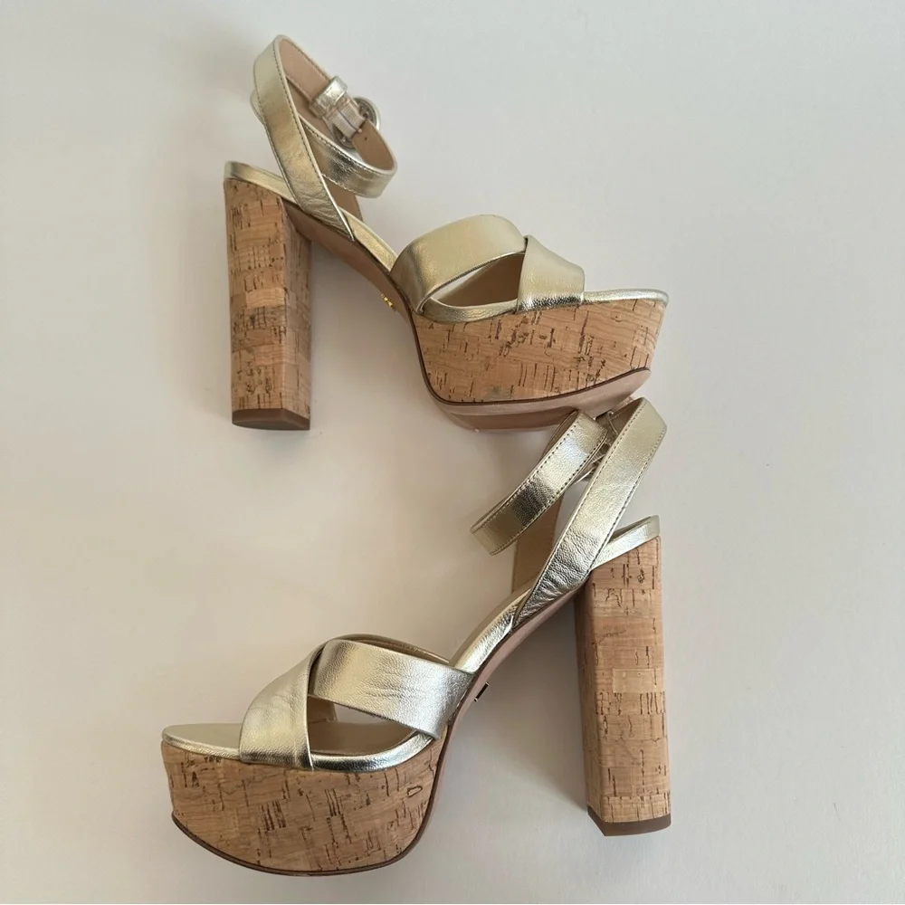 Veronica Beard Gold Lalana Leather Ankle Strap Cork Platform Heel Sandal 6.5 NIB