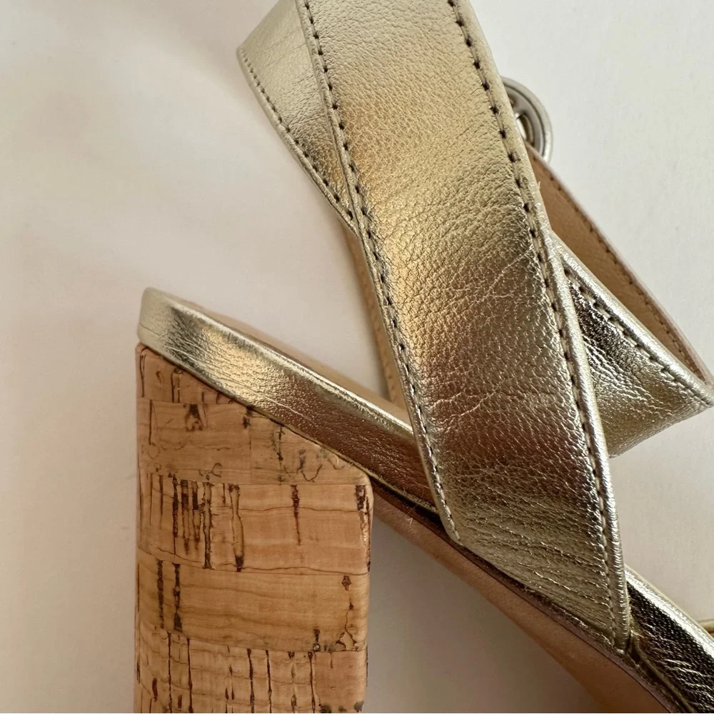 Veronica Beard Gold Lalana Leather Ankle Strap Cork Platform Heel Sandal 6.5 NIB