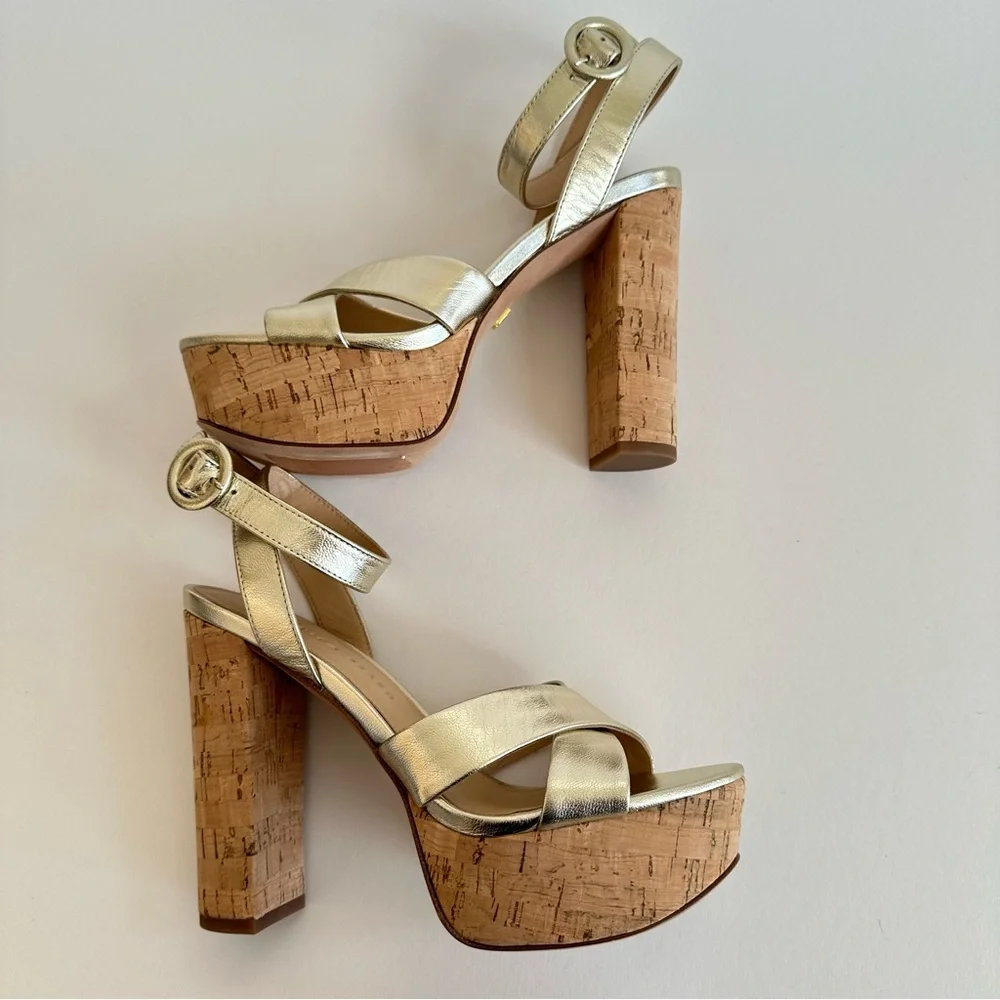 Veronica Beard Gold Lalana Leather Ankle Strap Cork Platform Heel Sandal 6.5 NIB