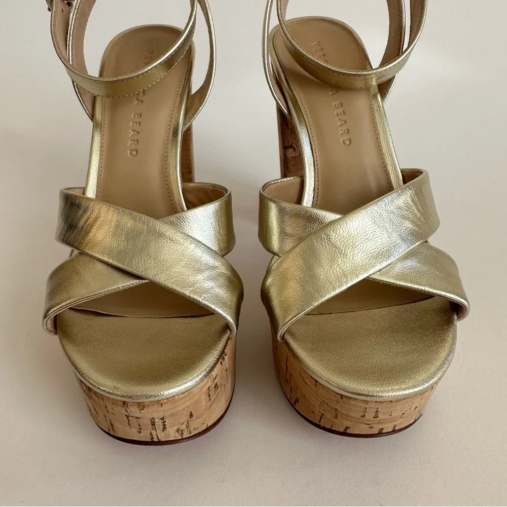 Veronica Beard Gold Lalana Leather Ankle Strap Cork Platform Heel Sandal 6.5 NIB