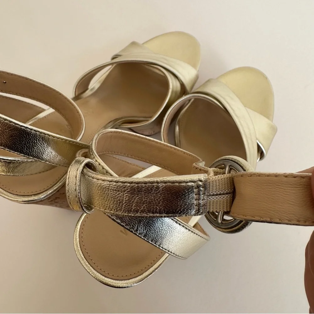 Veronica Beard Gold Lalana Leather Ankle Strap Cork Platform Heel Sandal 6.5 NIB