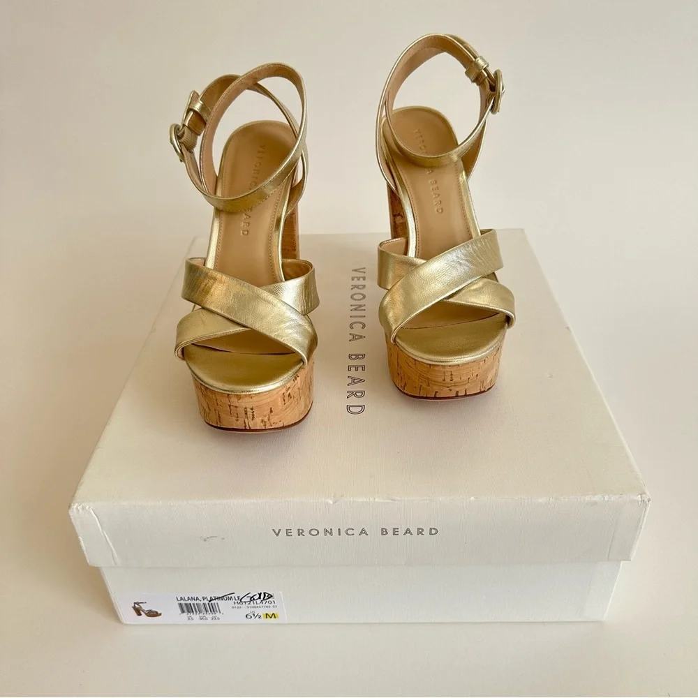 Veronica Beard Gold Lalana Leather Ankle Strap Cork Platform Heel Sandal 6.5 NIB