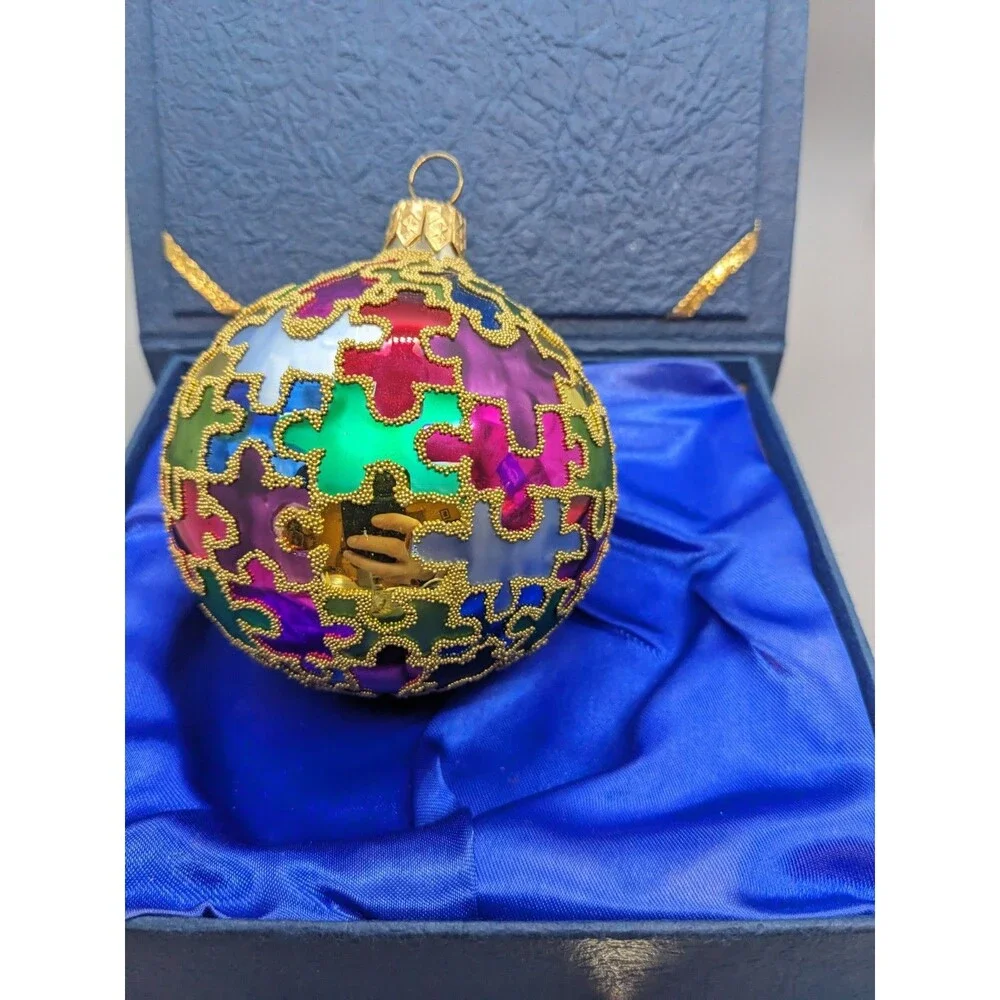 Crate & Barrel Multicolor Glass Puzzle Piece Christmas Ornament Autism Awareness