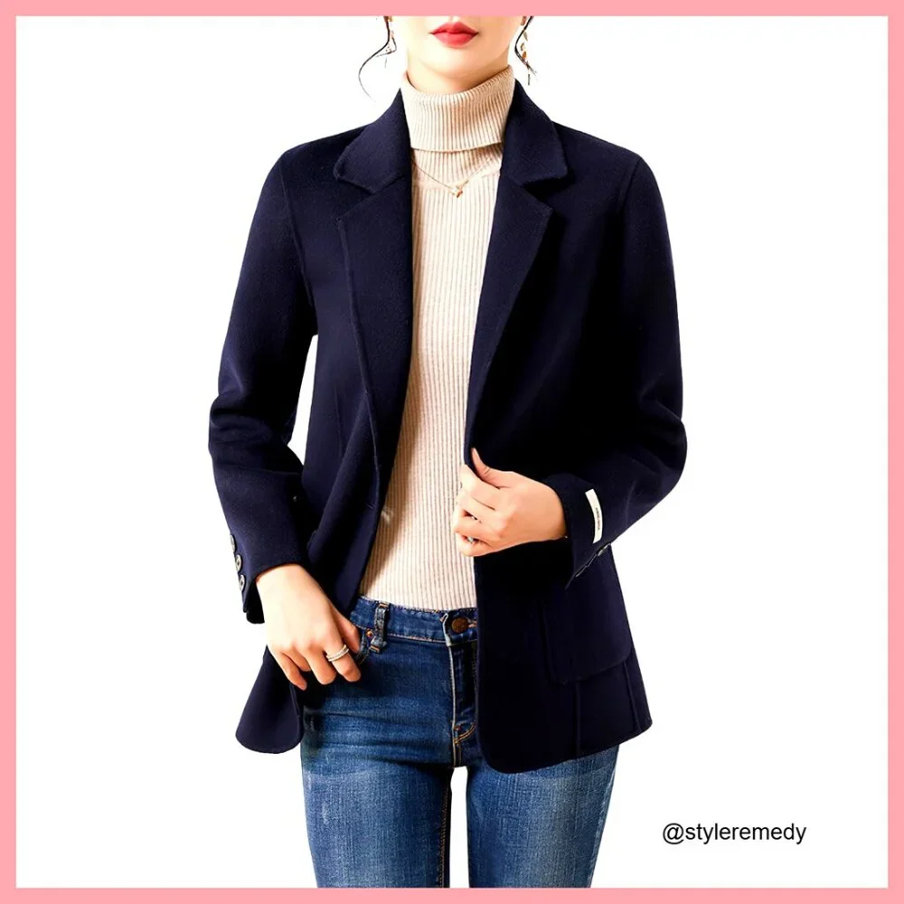 Wool Blend Pea Coat Blazer with Notched Lapel and Pockets