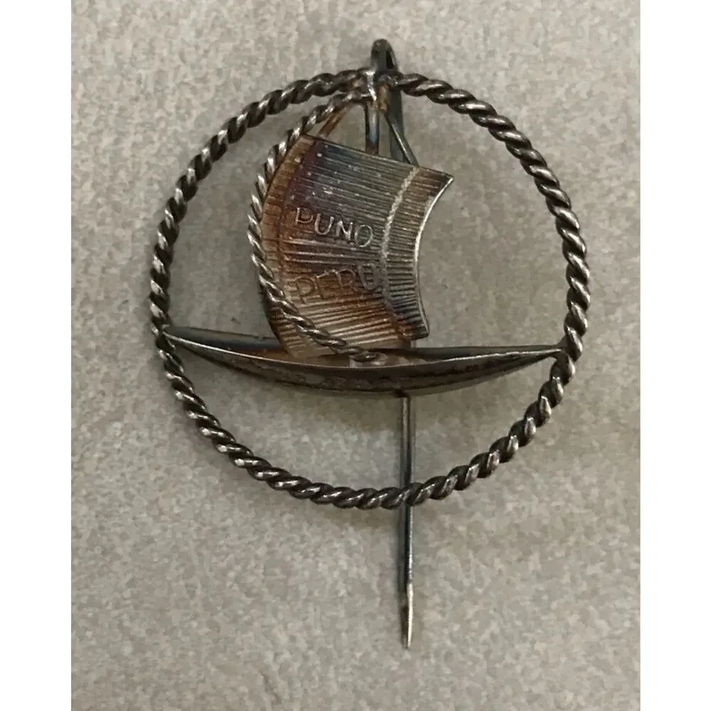 Vintage Silverplate Saga Puno Peru Sailboat Pin Brooch Jewelry Travel Souvenir