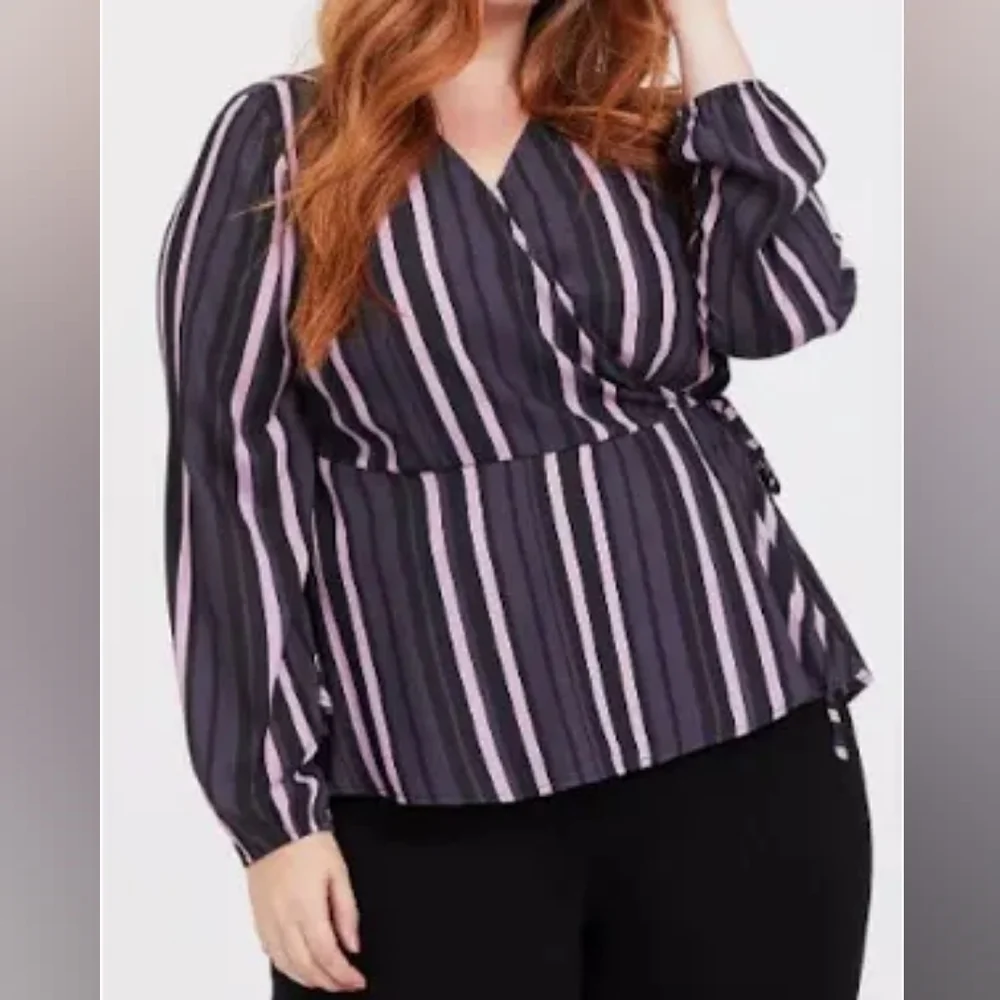 Torrid Crepe Surplice Top in Pink Stripe Long Sleeve Blouse