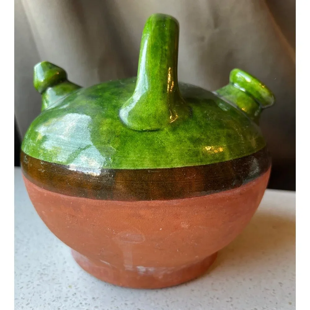 Handcrafted Green Glazed & Terracotta Clay French Gargoulette Confit Oil Jug