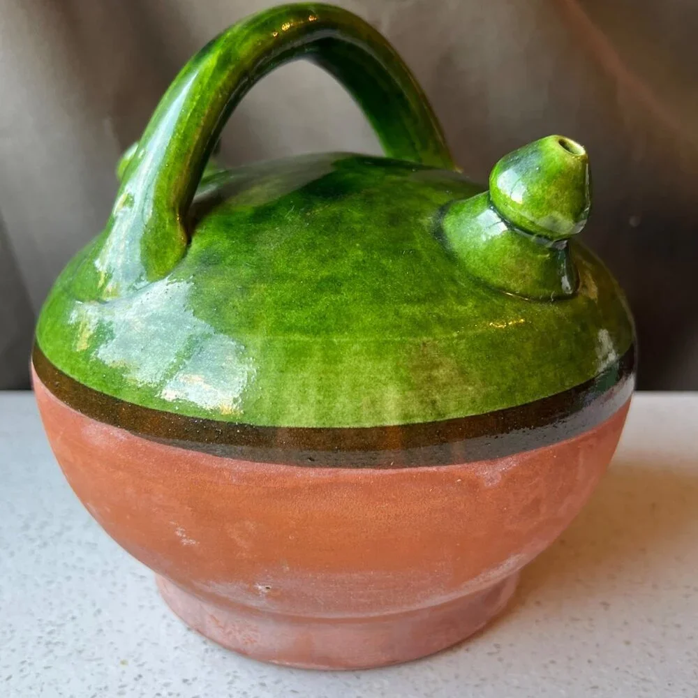 Handcrafted Green Glazed & Terracotta Clay French Gargoulette Confit Oil Jug