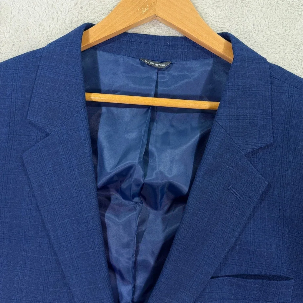 NEW GS Perfect Fit Mens 52R Blue Plaid Blazer Two Button Stretch Suit Jacket