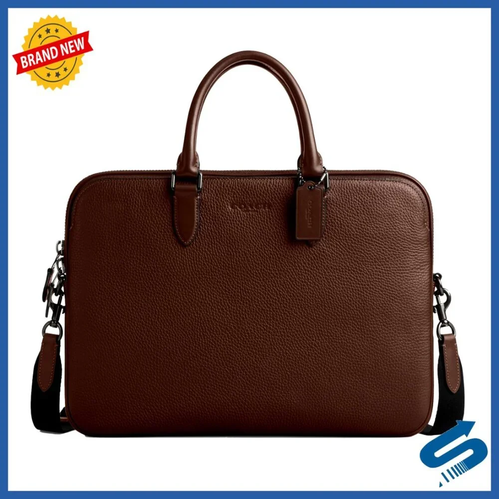 Leather Slim Briefcase Fits 16 Inch Laptop Detachable Strap Business Bag